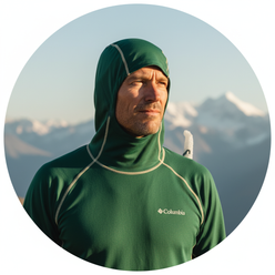 Circular portrait of Renan Ozturk, a rugged climber, wearing a forest green outdoor jacket, with a blurred alpine mountain ra