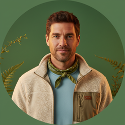 Portrait of Cory Richards, a rugged male adventurer, with a confident expression against a soft forest green background.