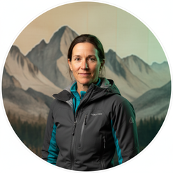 Circular portrait of Hilaree Nelson, an adventurous woman, smiling confidently in performance outdoor apparel against a soft 