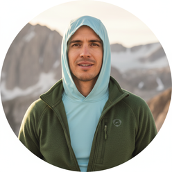 Circular portrait of male climber Alex Honnold, shoulders up, looking confidently at the viewer in outdoor apparel. Clean mou