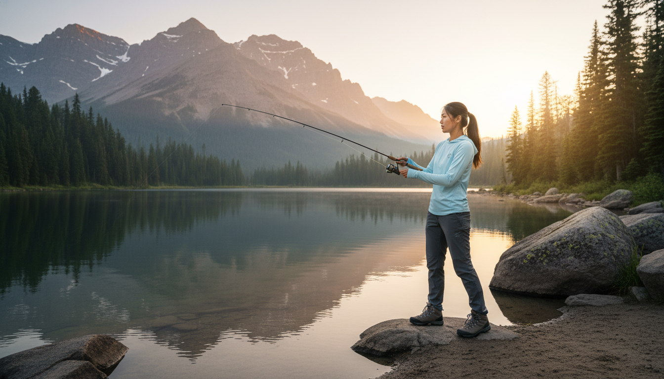 A person casts a fishing line into a serene mountain lake at sunrise, surrounded by rugged peaks and a muted sandy shore.