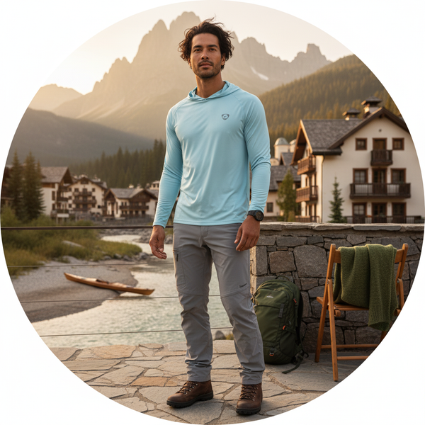 A person wearing the AEROTREK, with a fashion-forward silhouette, stands on a mountain town terrace, transitioning from an ou