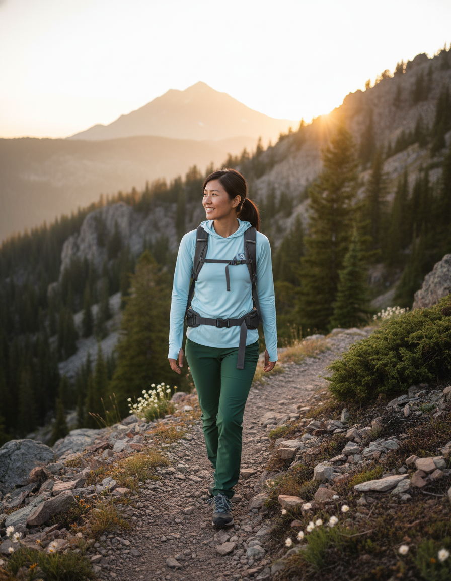 Person hiking a rugged mountain trail at sunrise, wearing AEROTREK gear, with panoramic mountain landscape in the background.
