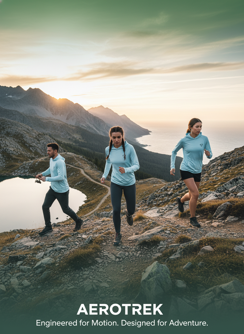 Diverse group of adventurers fishing, climbing, and running in a panoramic mountain landscape at sunrise, showcasing freedom 