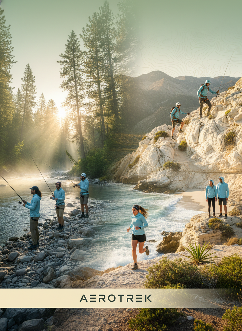 Diverse group of people casting lines, climbing mountains, running coastal paths, and exploring, all wearing the AEROTREK pro