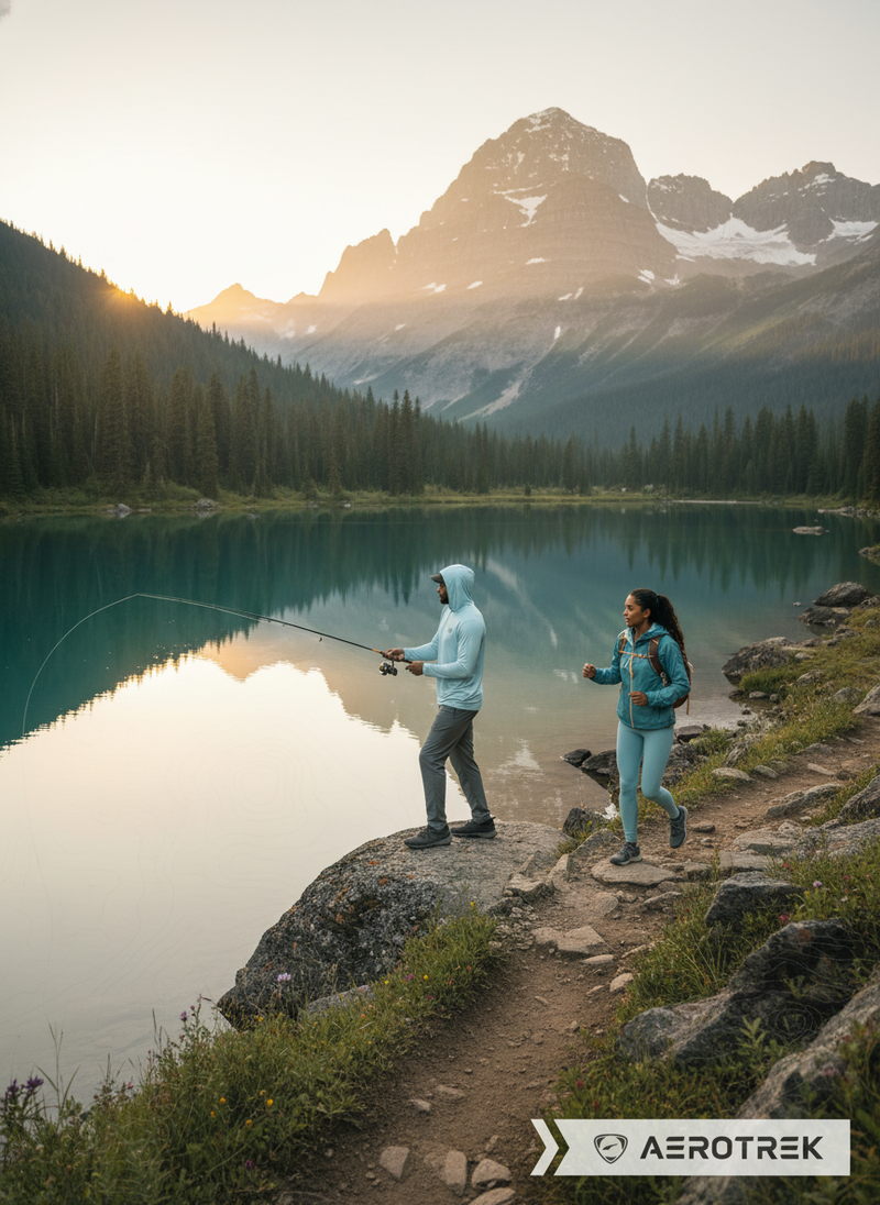 Diverse adventurers with AEROTREK gear in a panoramic mountain landscape at sunrise, one fishing, one hiking.