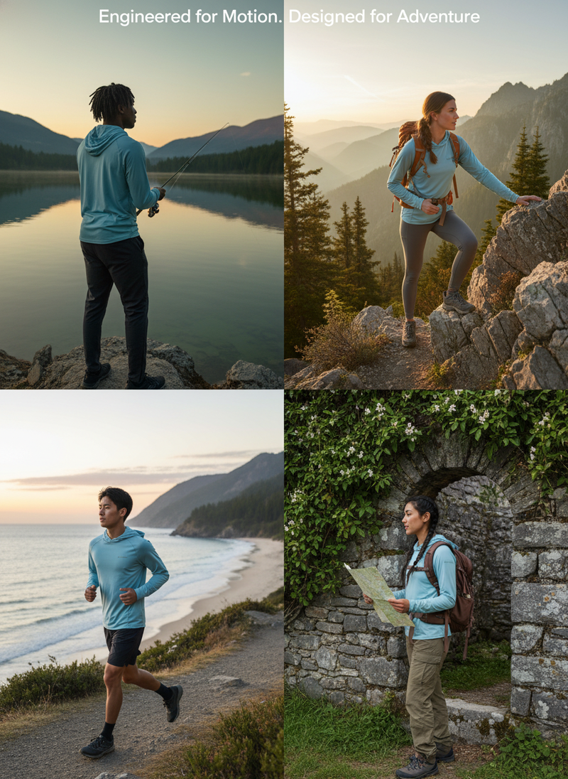 Diverse adventurers casting lines, climbing, running, and exploring in a panoramic mountain landscape, embodying outdoor moti