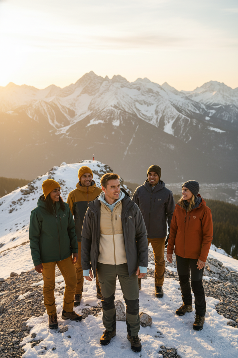 Diverse adventurers stand on a snowy mountain pass at sunrise, gazing at a panoramic view, showcasing the spirit of outdoor e