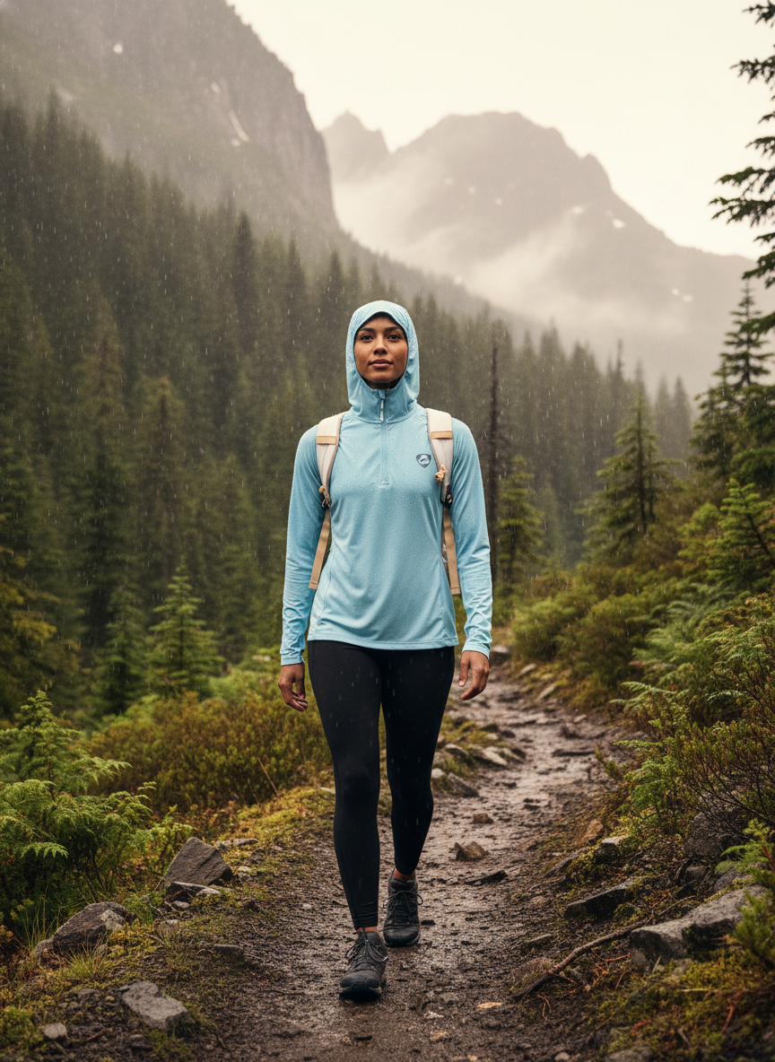 A hiker wearing the AEROTREK jacket walks a mountain trail in light rain, mist-shrouded peaks and forest green trees in the b