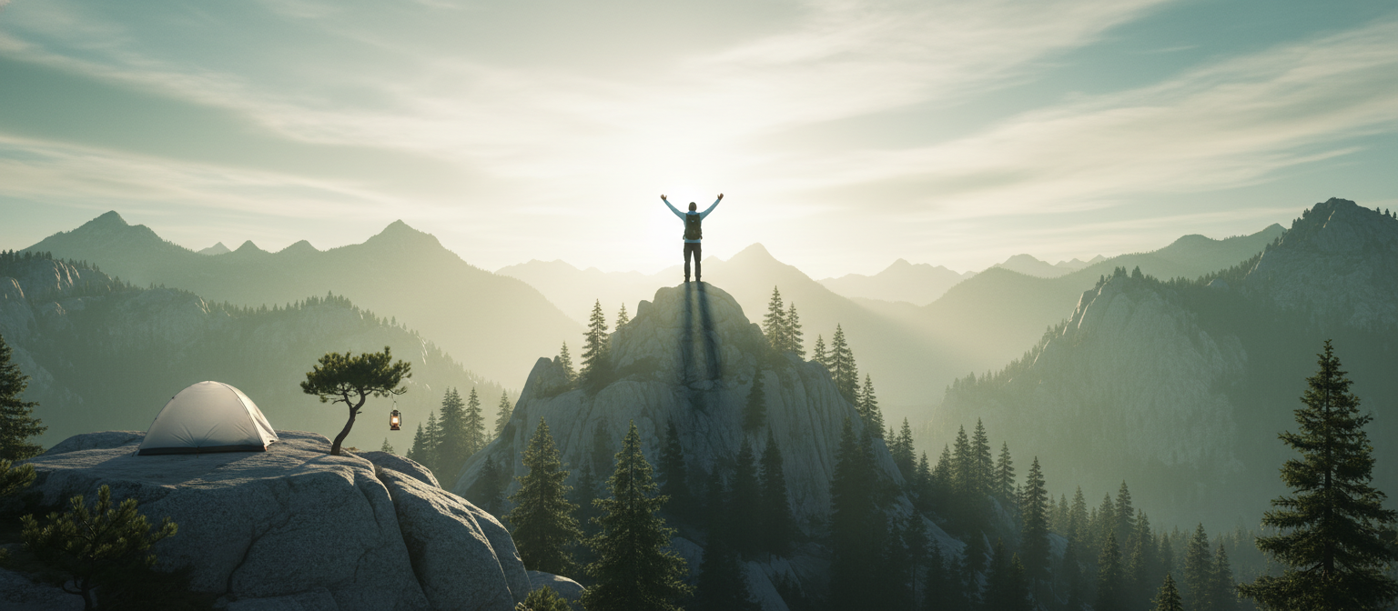 Person in AEROTREK outerwear stands on a mountain summit at sunrise, overlooking a panoramic landscape with alpine trees and 