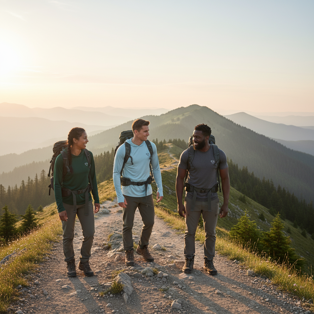 Hikers in AEROTREK gear on a mountain trail at sunrise, showing diverse people enjoying an adventure.
