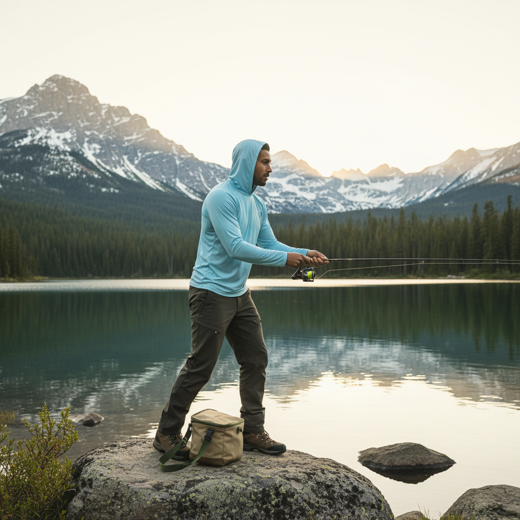 Male model wearing AEROTREK, casting a fishing line into a mountain lake at sunrise, surrounded by alpine peaks and pine fore
