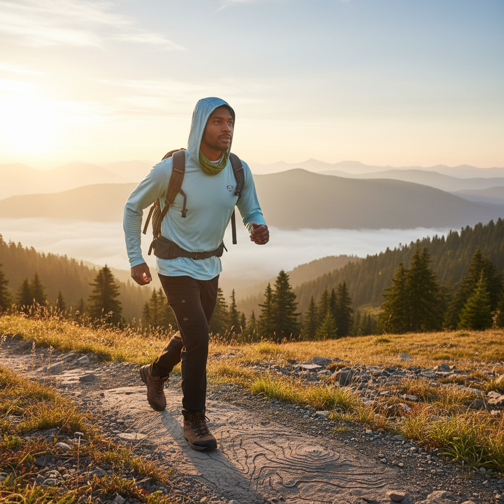 Diverse person in AEROTREK on a rugged mountain trail at sunrise, looking at a panoramic alpine landscape. The image has a ca