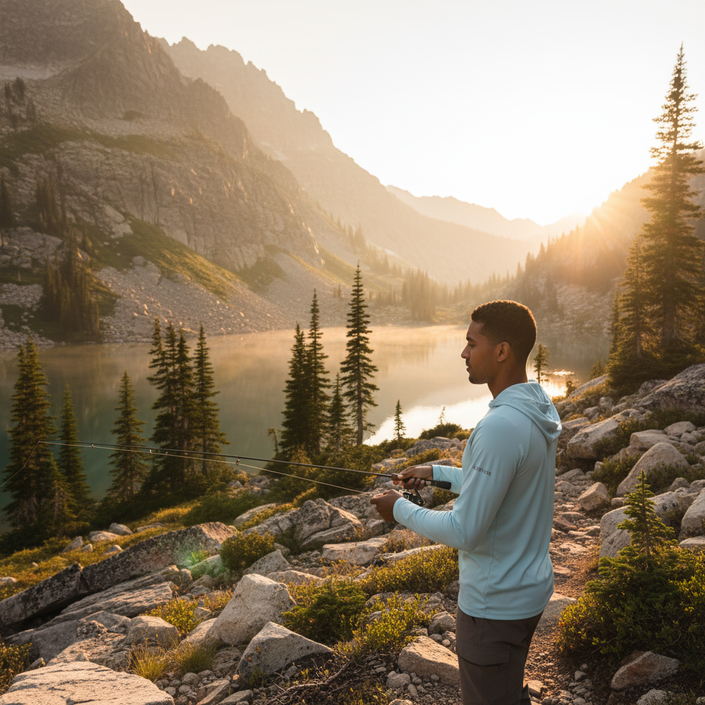 Male hiker casting a fishing line into an alpine lake at sunrise, wearing "AEROTREK" product on a rocky mountain trail.
