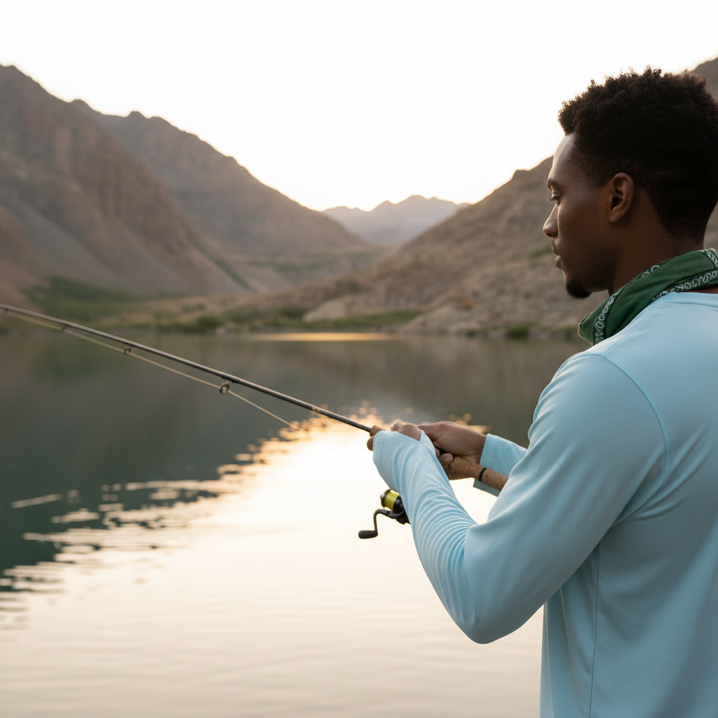 Male hiker wearing AEROTREK, casting a fishing line into a mountain lake at sunrise, with rugged peaks in the background.