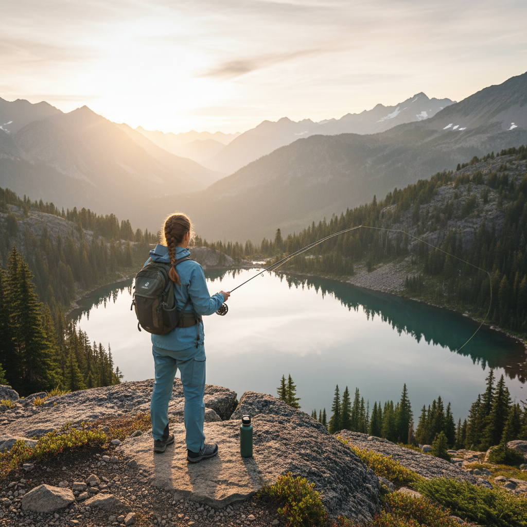 Person casting a fishing line into a mountain lake, wearing AEROTREK, with a panoramic view of misty alpine landscape at sunr